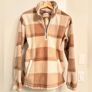 🤎 Abercrombie & Fitch Plaid Tan Fleece Quarter Zip Pullover - Size S - Neutral